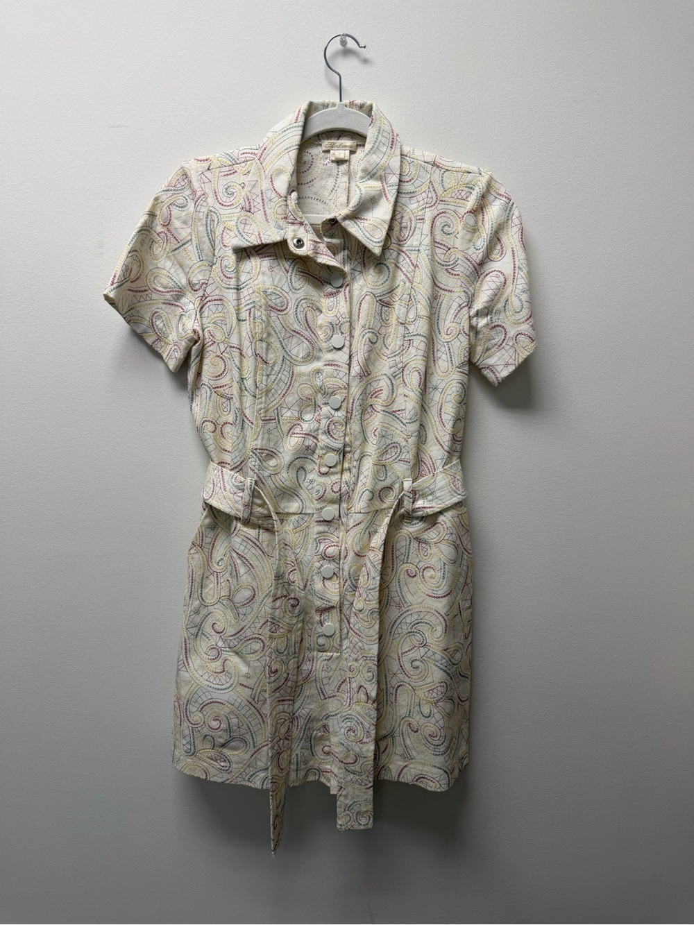 Shoshanna Cream Paisley Mini Shirt Dress with Tie Belt